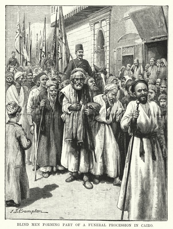 अंधे लोग काहिरा में एक अंतिम संस्कार जुलूस का हिस्सा बनते हैं (उत्कीर्णन) द्वारा जेम्स शॉ क्रॉम्पटन