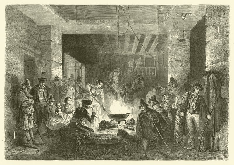 पोसाडा, सिएरा नेवादा, स्पेन में एक सराय (उत्कीर्णन) द्वारा जीन एंटोनी वैलेन्टिन फुलक्वायर