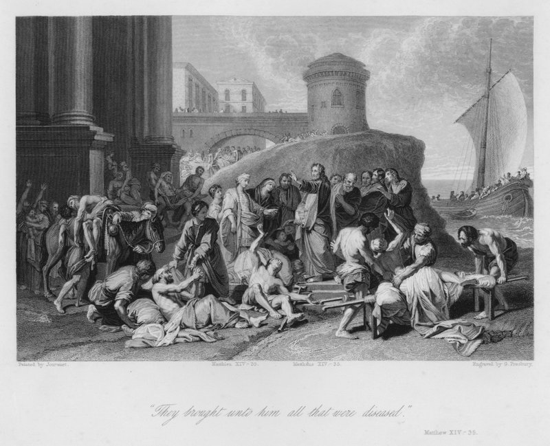 क्राइस्ट हीलिंग द सिक, मैथ्यू XIV, 35 (उत्कीर्णन) द्वारा जीन बैप्टिस्ट (बाद) जौवेनेट