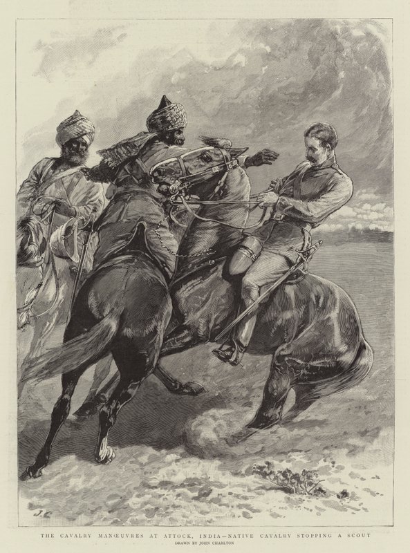 अटॉक, भारत में कैवेलरी युद्धाभ्यास, स्काउट को रोकते हुए मूल निवासी कैवेलरी द्वारा जॉन चार्लटन