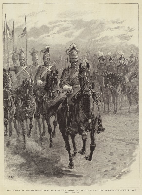 एल्डर्सशॉट की समीक्षा, ड्यूक ऑफ कैंब्रिज लंबी घाटी में एल्डरशॉट डिवीजन के सैनिकों का निरीक्षण करते हुए द्वारा जॉन चार्लटन