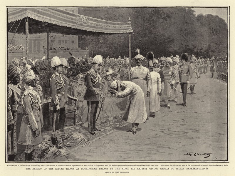 किंग द्वारा बकिंघम पैलेस में भारतीय सैनिकों की समीक्षा, महामहिम भारतीय प्रतिनिधियों को पदक प्रदान करते हैं द्वारा जॉन चार्लटन