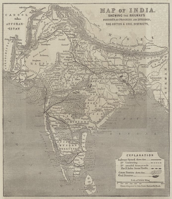 भारत का मानचित्र, रेलवे का विस्तार, प्रगति और इरादा, कपास और कोयला जिले में समाप्त द्वारा जॉन डावर