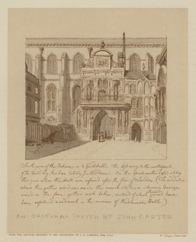 गिल्डहॉल के प्रवेश द्वार का दक्षिण दृश्य, लंदन शहर (लिथो) द्वारा जॉन (बाद) कार्टर