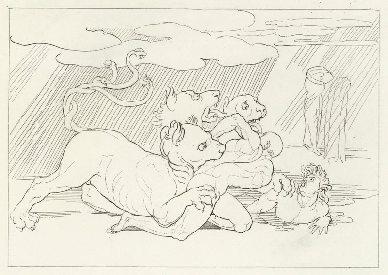 Cerberus, इन्फर्नो, कैंटो 6 (उत्कीर्णन) द्वारा जॉन (बाद) फ्लैक्समैन