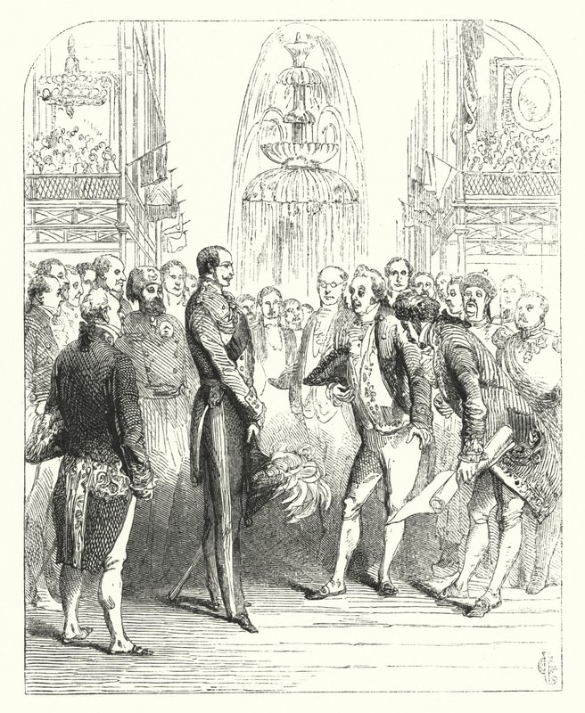 1851 की महान प्रदर्शनी में प्रिंस अल्बर्ट और रॉयल कमिश्नर, क्रिस्टल पैलेस, हाइड पार्क, लंदन (उत्कीर्णन) द्वारा जॉन (बाद) गिल्बर्ट