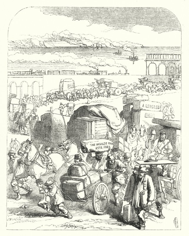 1851 की महान प्रदर्शनी, क्रिस्टल पैलेस, हाइड पार्क, लंदन (उत्कीर्णन) में आगंतुकों को लाने वाले जहाज और ट्रेनें द्वारा जॉन (बाद) गिल्बर्ट