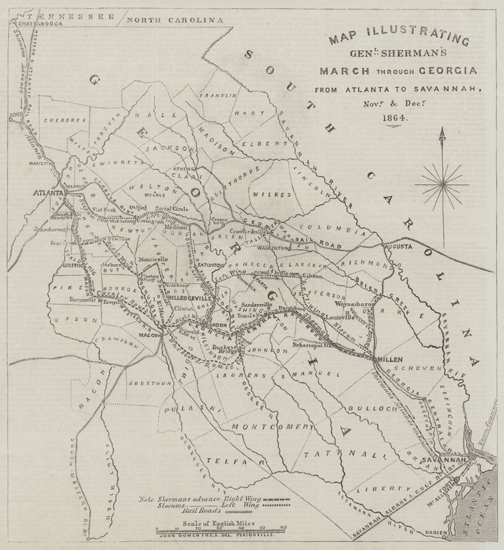 अटलांटा से सवाना, नवंबर और दिसंबर 1864 तक जॉर्जिया के माध्यम से जनरल शेरमन के मार्च को दर्शाता हुआ नक्शा द्वारा जॉन डावर