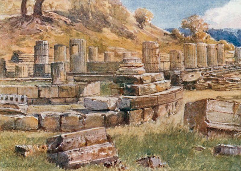 ओलंपिया। हेरा के मंदिर और Philippeion के अवशेष के साथ Kronos पहाड़ी के आधार द्वारा जॉन फुललीवे