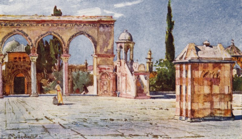 समर पल्पिट, उमर की मस्जिद के दक्षिणी बरामदे से (चट्टान का गुंबद) (रंगीन लिथो) द्वारा जॉन फुललीवे