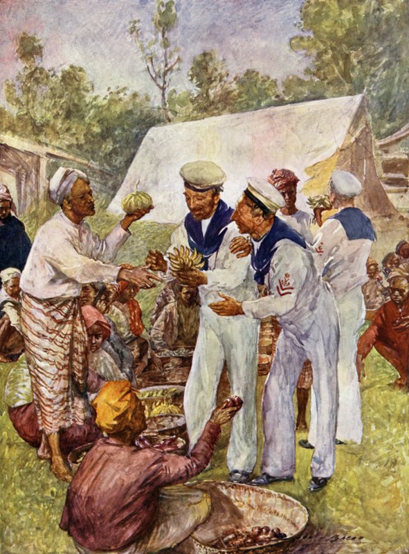 बर्मी बाजार में ब्रिटिश जैक टार (कलर लिथो) द्वारा जॉन हेनरी फ्रेडरिक (बाद) बेकन