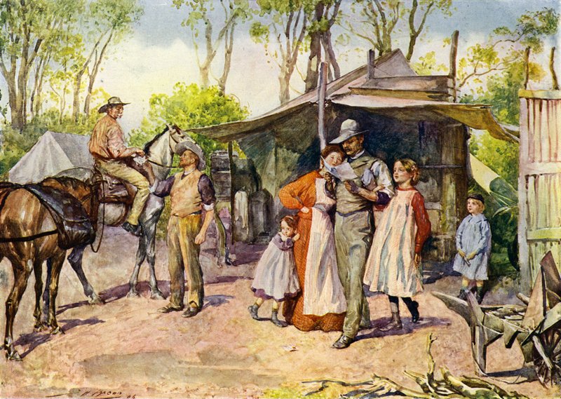 ऑस्ट्रेलियाई झाड़ी में पत्र वितरित करना (रंग लिथो) द्वारा जॉन हेनरी फ्रेडरिक (बाद) बेकन