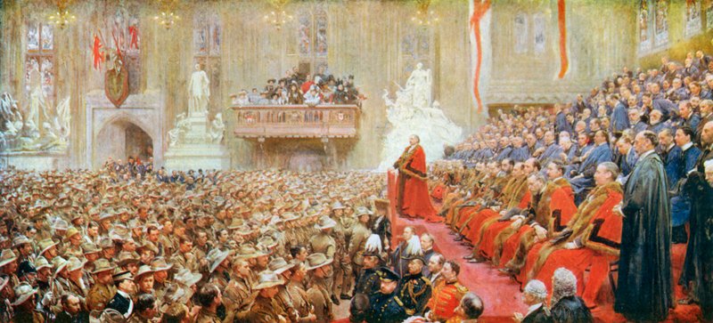 सिटी ऑफ़ लंदन इंपीरियल वालंटियर्स की लंदन वापसी, 29 अक्टूबर, 1900 द्वारा जॉन हेनरी फ्रेडरिक बेकन