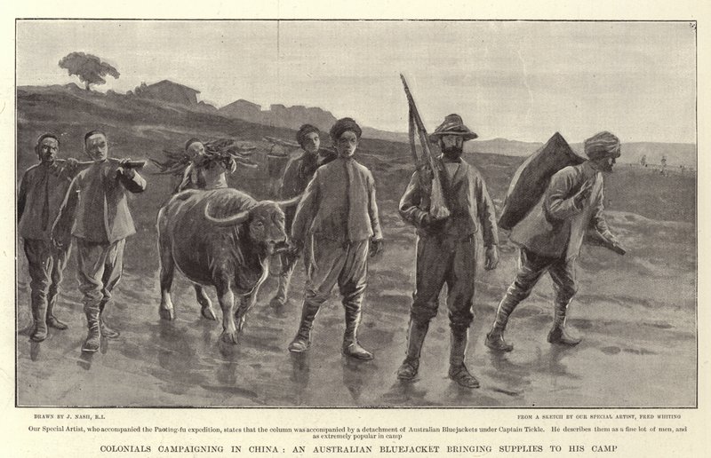 चीन में प्रचार करने वाले उपनिवेश, एक ऑस्ट्रेलियाई ब्लूजैकेट अपने शिविर में आपूर्ति लाता है द्वारा जोसेफ नैश