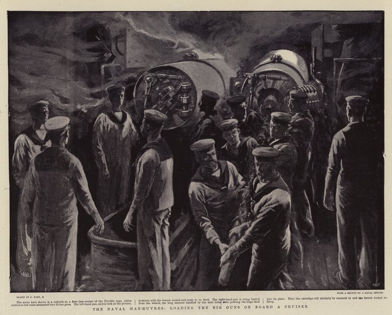 नौसेना के युद्धाभ्यास, लोडिंग द बिग गन्स ऑन द बोर्ड अ क्रूजर द्वारा जोसेफ नैश