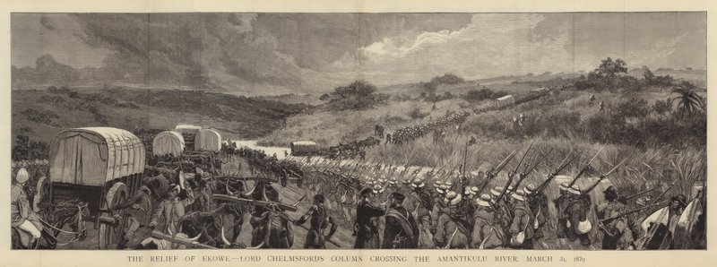 31 मार्च 1879 को अमोंटिकुलु नदी को पार करने वाले लॉर्ड चेम्सफोर्ड के एकोवे का राहत द्वारा जोसेफ नैश
