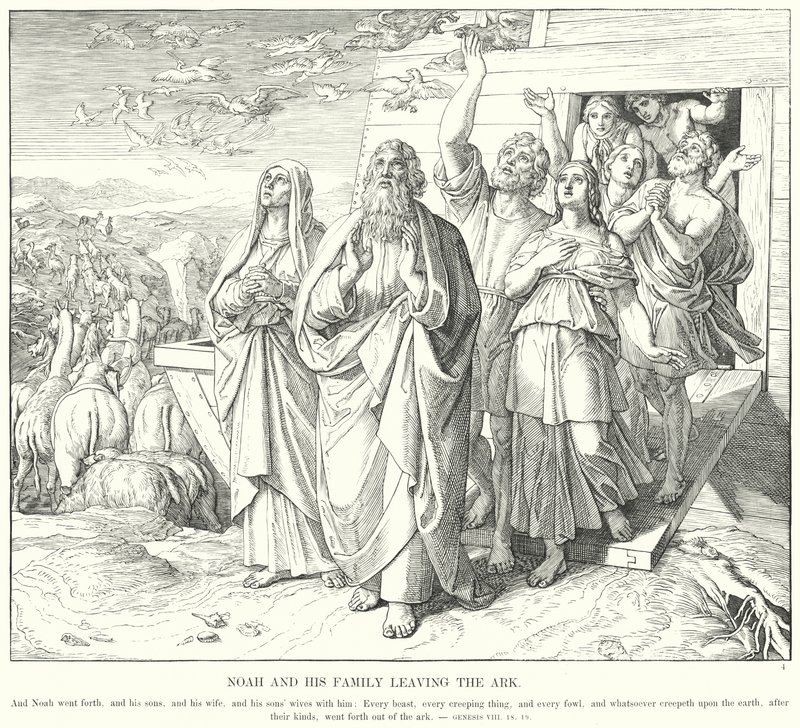 नूह और उसका परिवार सन्दूक छोड़कर (उत्कीर्णन) द्वारा जूलियस (बाद में) श्नोरर वॉन कैरोलसफील्ड