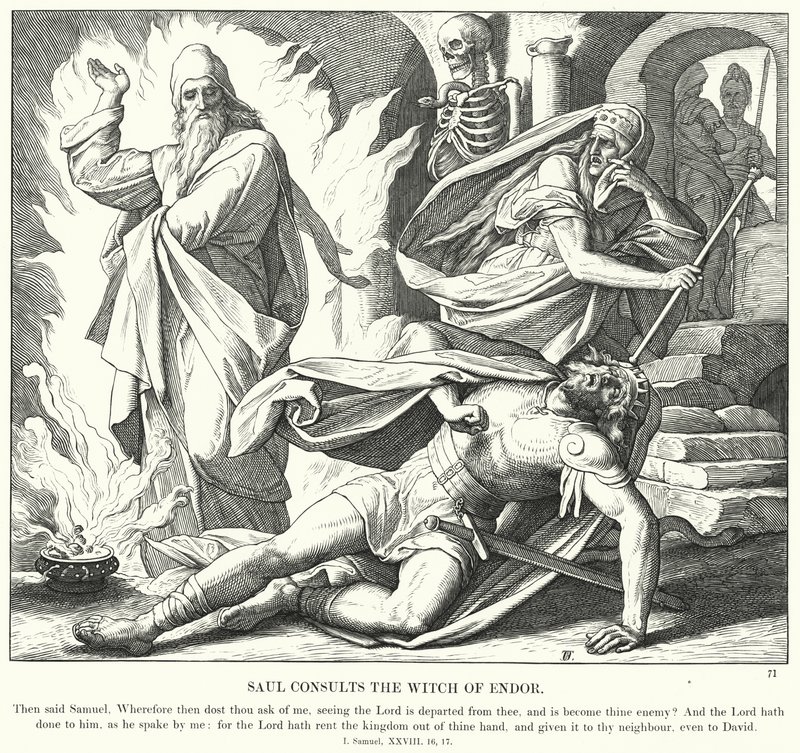 शाऊल ने एंडोर की चुड़ैल से सलाह ली (उत्कीर्णन) द्वारा जूलियस (बाद में) श्नोरर वॉन कैरोलसफील्ड