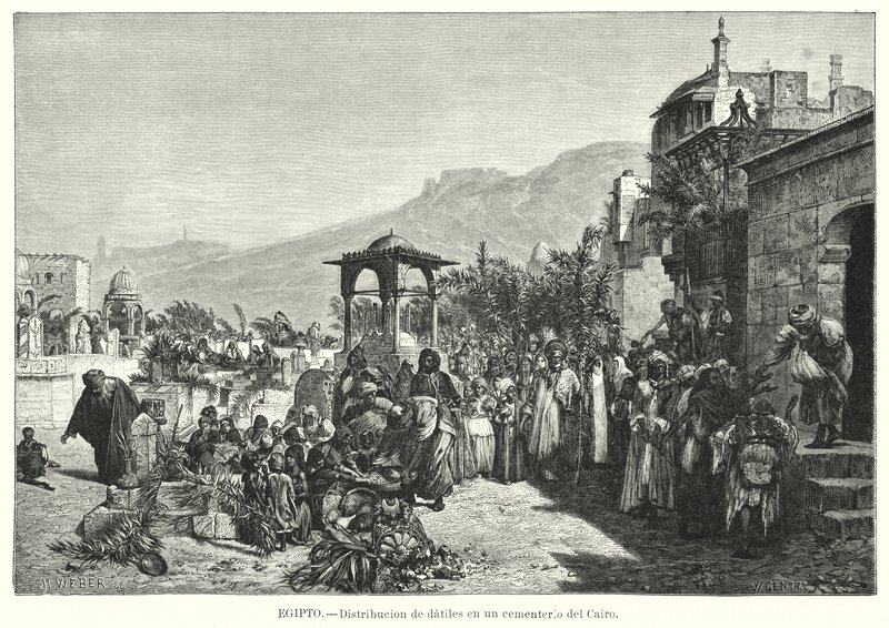 एक कब्रिस्तान, काहिरा, मिस्र (लिथो) में खजूर का वितरण द्वारा कार्ल विल्हेम जेंट्ज़