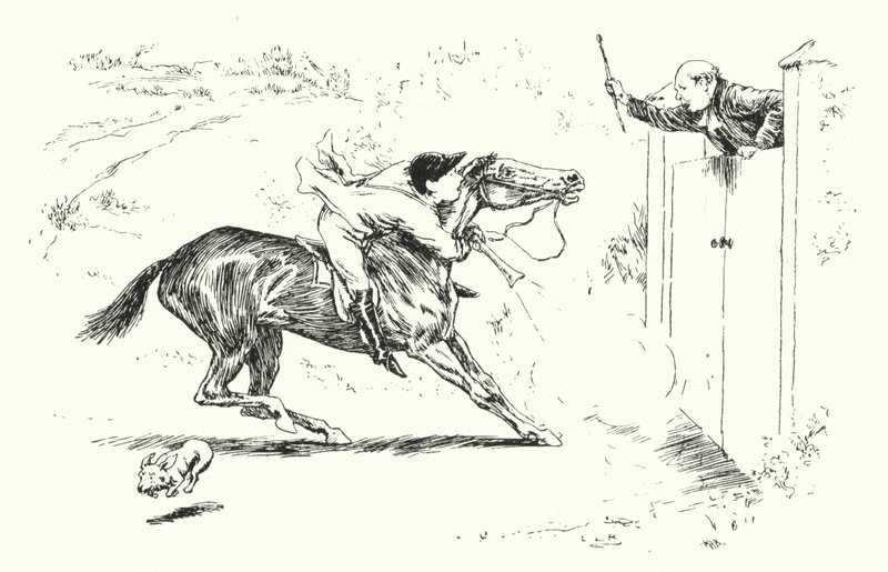 एक आदमी रीगेट में शिकार करने गया, और एक ऊंचे द्वार (उत्कीर्णन) पर छलांग लगाना चाहता था द्वारा लियोनार्ड लेस्ली ब्रुक