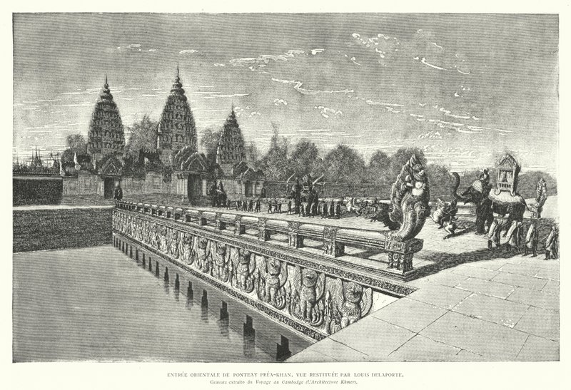प्रीह खान, अंगकोर, कंबोडिया के खमेर मंदिर का पूर्वी प्रवेश द्वार (उत्कीर्णन) द्वारा लुई (बाद में) डेलापोर्टे