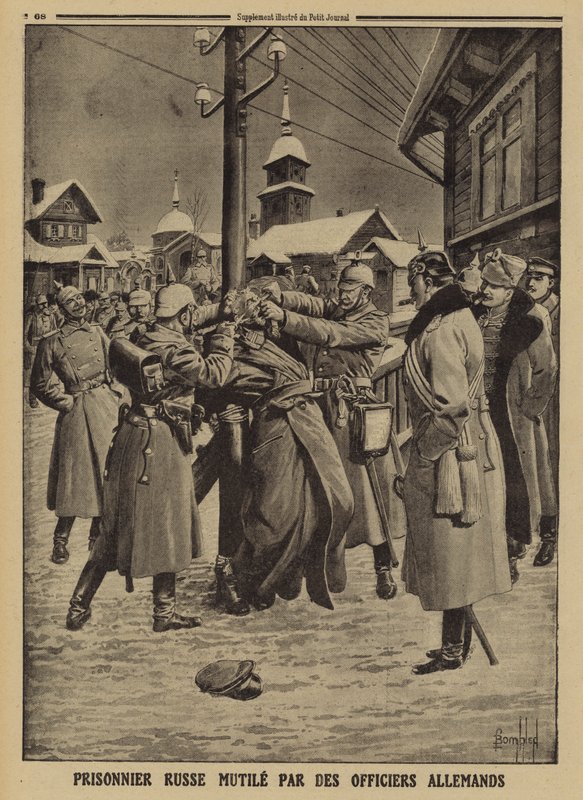 युद्ध के रूसी कैदी जर्मन अधिकारियों द्वारा कटे-फटे, प्रथम विश्व युद्ध द्वारा लुई चार्ल्स (बाद में) बमबारी की