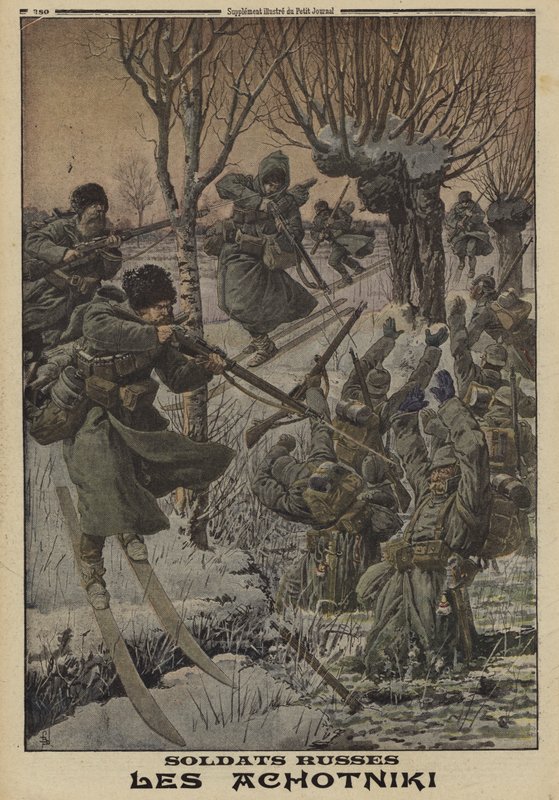 स्की पर रूसी सैनिक जर्मनों के एक समूह पर कब्जा करते हुए, प्रथम विश्व युद्ध War द्वारा लुई चार्ल्स (बाद में) बमबारी की