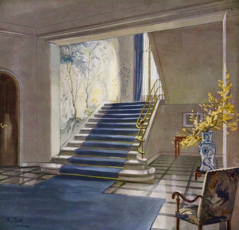 1930 के दशक के अंदरूनी भाग: सीढ़ी (कलर लिथो) द्वारा एम। वृषभ