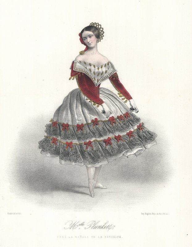 ला मनोला डे ला फेवरेट में बेल्जियम बैले डांसर एडलिन प्लंकेट, c1860 (कलर लिथो) द्वारा मैरी अलेक्जेंड्रे (बाद में) अलोफी