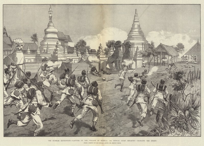 बर्मा अभियान, मिनलला गाँव पर कब्जा, दूसरा बंगाल लाइट इन्फैंट्री दुश्मन पर आरोप लगा रहा है द्वारा मेल्टन प्रायर