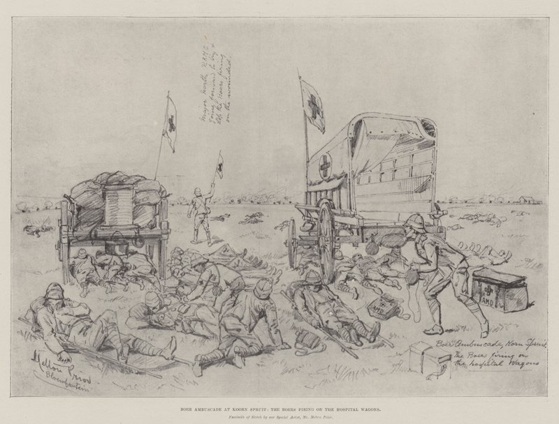 कौर भर्ती में Boer Ambuscade, हॉस्पिटल वैगन्स पर Boers गोलीबारी द्वारा मेल्टन प्रायर