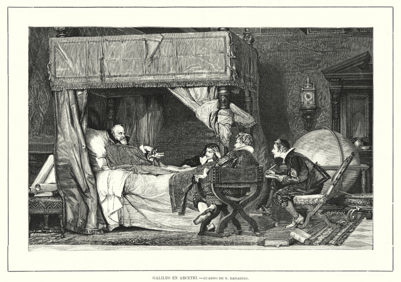 इटली के अर्सेट्री में इतालवी खगोलशास्त्री गैलीलियो गैलीली, जहां 1642 में उनकी मृत्यु हो गई (लिथो) द्वारा निकोलो (बाद में) बाराबिनो
