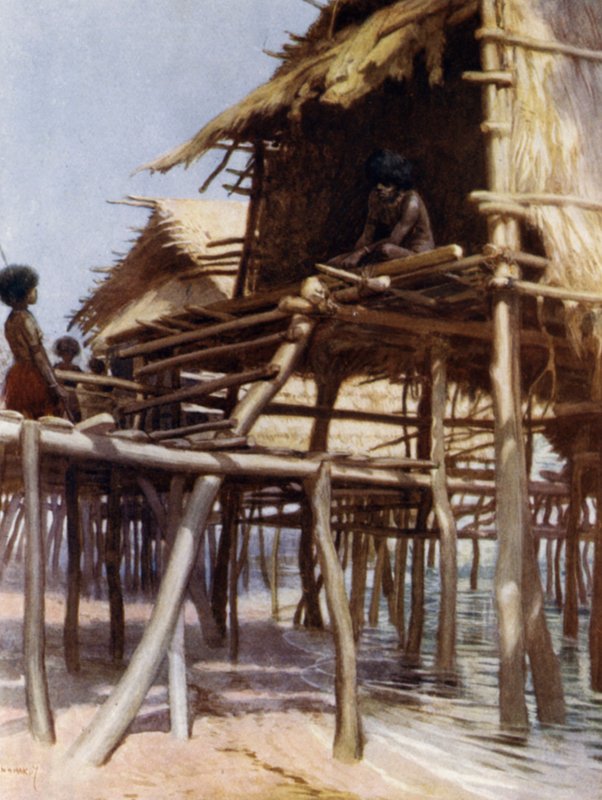 हनुआबादा, पोर्ट मोरेस्बी, ब्रिटिश न्यू गिनी (कलर लिथो) में पाइल डवेलिंग्स में द्वारा नॉर्मन हार्डी