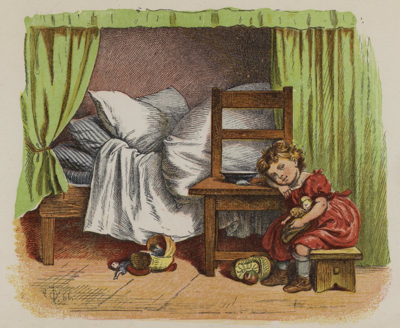 अपने बिस्तर के पास बैठी छोटी लड़की (कलर लिथो) द्वारा Oskar Pletsch