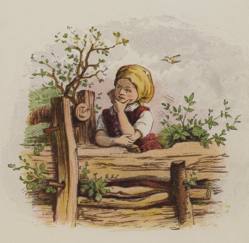 एक बाड़ पर झुकी चिंतित लड़की (कलर लिथो) द्वारा Oskar Pletsch