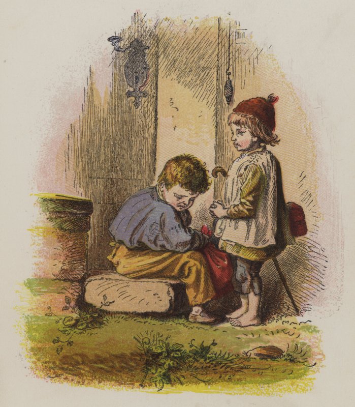 एक घर के दरवाजे पर दो लड़के (कलर लिथो) द्वारा Oskar Pletsch