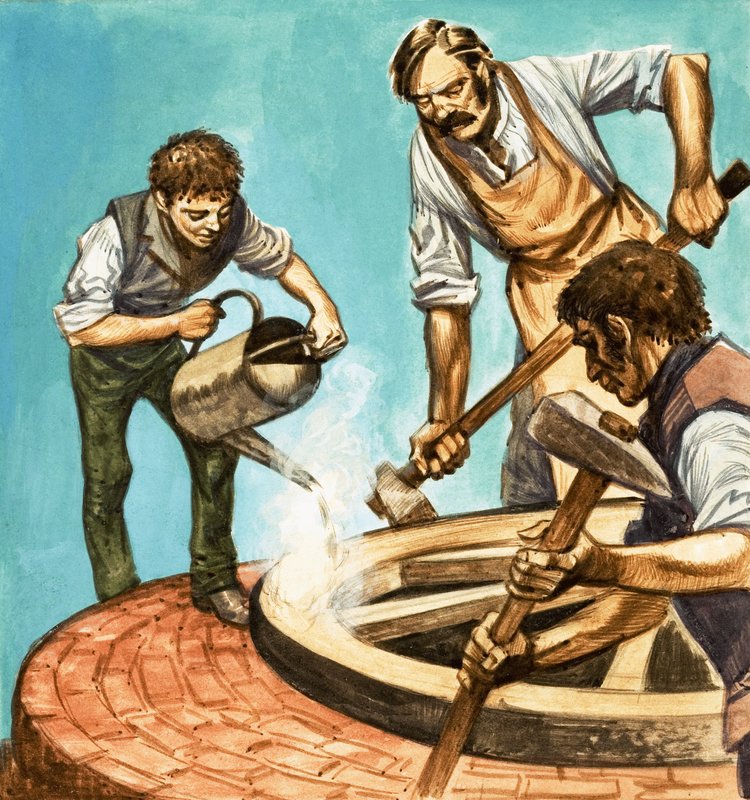 वन्स अपॉन अ टाइम ... विलेज लाइफ एक सौ साल पहले। एक पहिया पर लोहे की रिम लगाकर पहिएदार द्वारा पीटर जैक्सन