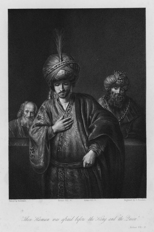 हामान की निंदा, एस्तेर सप्तम, ६ (उत्कीर्णन) द्वारा रेम्ब्रांट हर्मेन्ज़। वैन रिजन (बाद में)