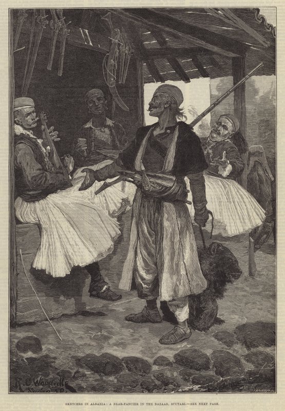 अल्बानिया में रेखाचित्र, बाज़ार में एक भालू-फैनसियर, स्कूटरी द्वारा रिचर्ड केटन वुडविले जूनियर