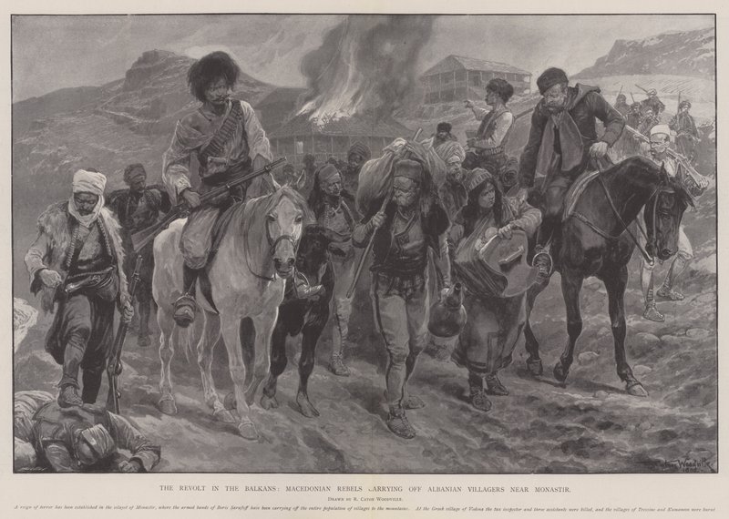 बाल्कन में विद्रोह, मैसेडोनियन विद्रोहियों ने मोनास्टिर के पास अल्बानियाई ग्रामीणों को बंद किया द्वारा रिचर्ड केटन वुडविले जूनियर
