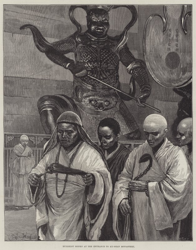 कु-शान मठ के प्रवेश द्वार पर बौद्ध भिक्षु द्वारा रिचर्ड केटन वुडविले जूनियर