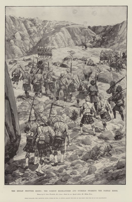 इंडियन फ्रंटियर राइजिंग, गॉर्डन हाइलैंडर्स और गोरखाओं ने दार्गई रिज पर तूफान मचाया द्वारा रिचर्ड केटन वुडविले जूनियर