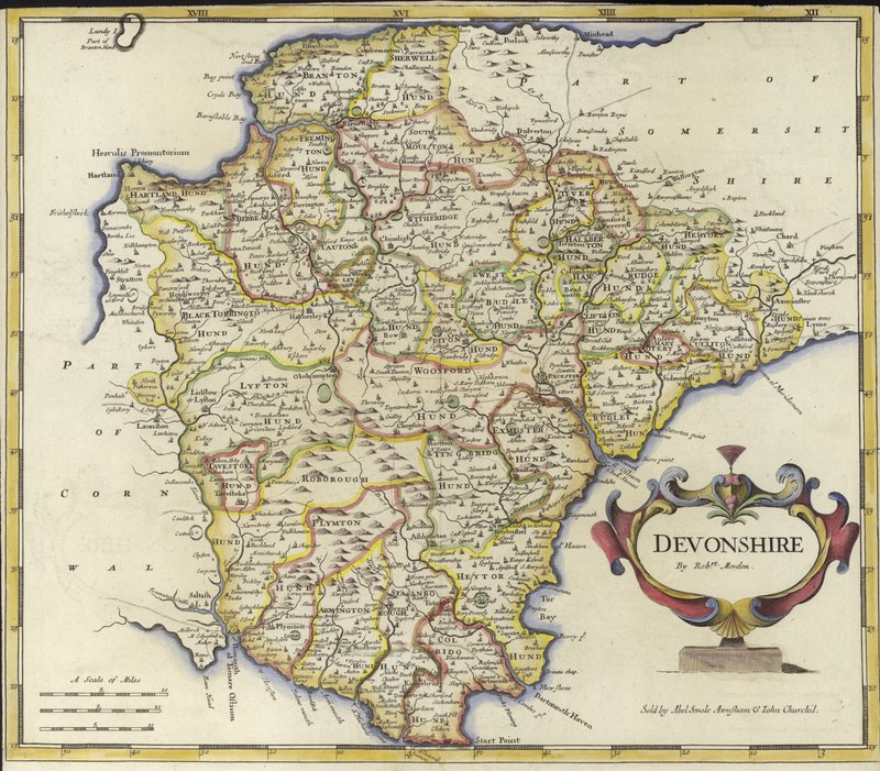 Devonshire का मानचित्र (रंग उत्कीर्णन) द्वारा रॉबर्ट मोर्डन