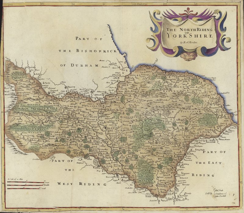 यॉर्कशायर के उत्तरी राइडिंग का नक्शा (रंग उत्कीर्णन) द्वारा रॉबर्ट मोर्डन