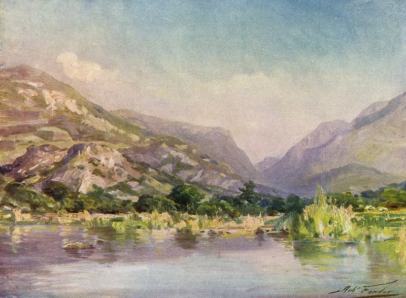 सियोन नदी पर, कार्नर्वोंशायर, इवनिंग ग्लो (कलर लिथो) द्वारा रॉबर्ट (बाद में) फाउलर