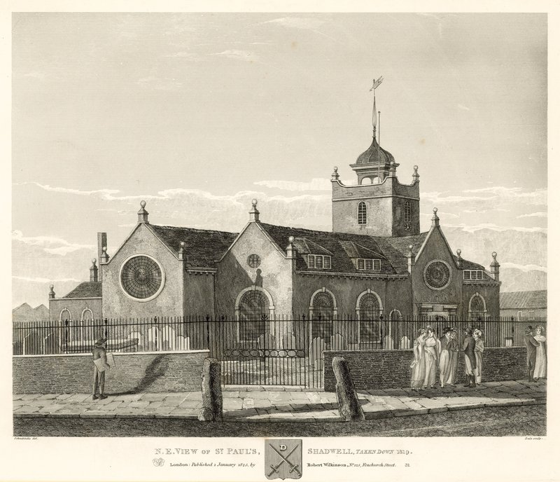 सेंट पॉल, शादवेल, लंदन का उत्तर पूर्वी दृश्य, 1819 में लिया गया द्वारा रॉबर्ट ब्लेमेल श्नेबेलबी