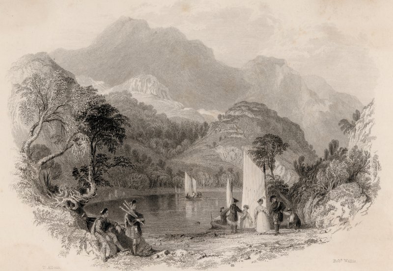 Trossachs का दर्रा, Loch Catrine, स्कॉटलैंड (उत्कीर्णन) द्वारा रॉबर्ट वालिस