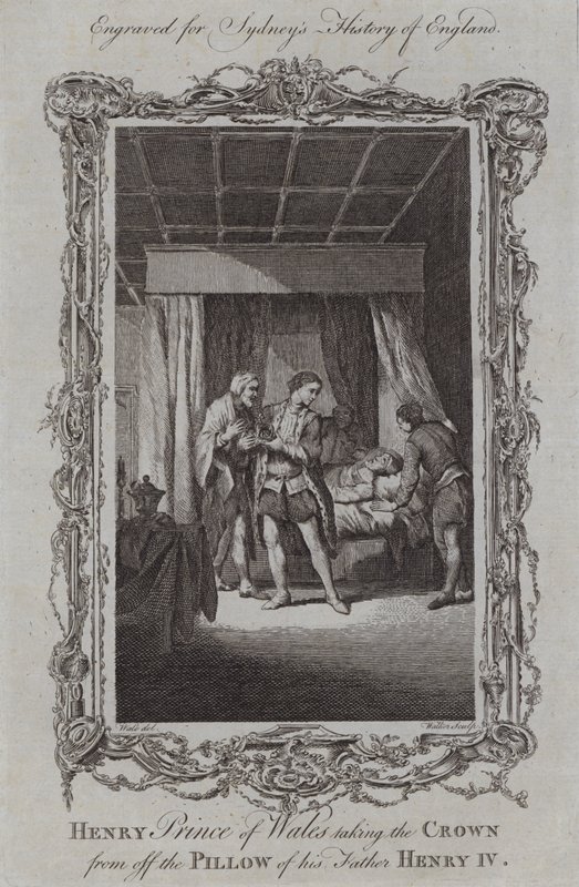 वेल्स के हेनरी प्रिंस अपने पिता हेनरी चतुर्थ (उत्कीर्णन) के तकिए से ताज लेते हुए द्वारा शमूएल (बाद) व्हेल