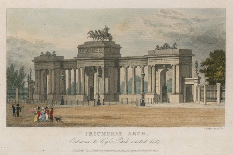 ट्रम्पहाल आर्क, लंदन के हाइड पार्क कॉर्नर के प्रवेश द्वार, 1827 में बनाया गया द्वारा सैमुअल रावल