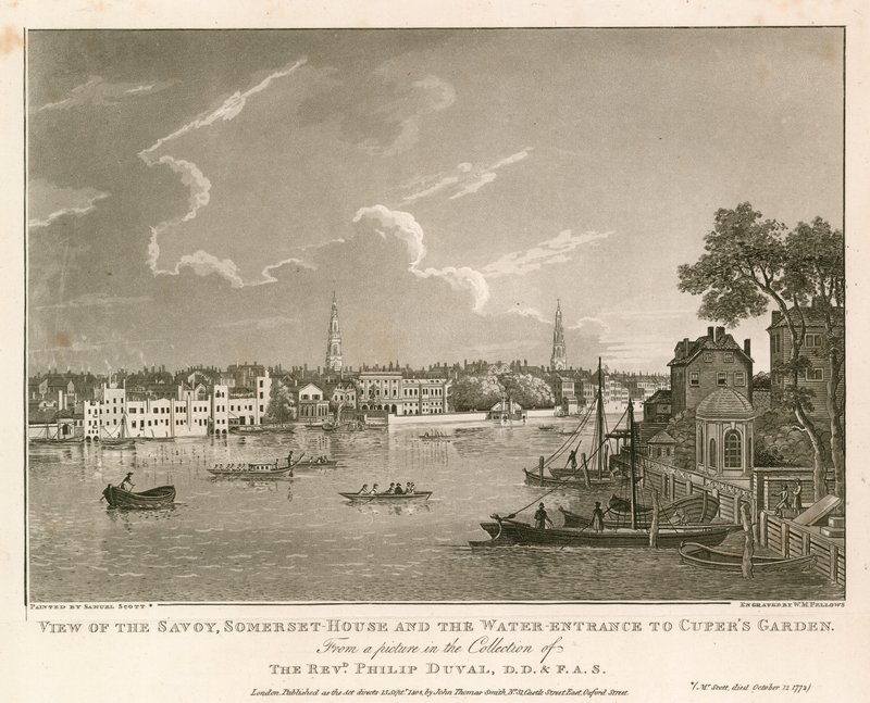 सेवॉय, समरसेट हाउस और कुपर के गार्डन में जल प्रवेश का दृश्य। द्वारा सैमुअल स्कॉट